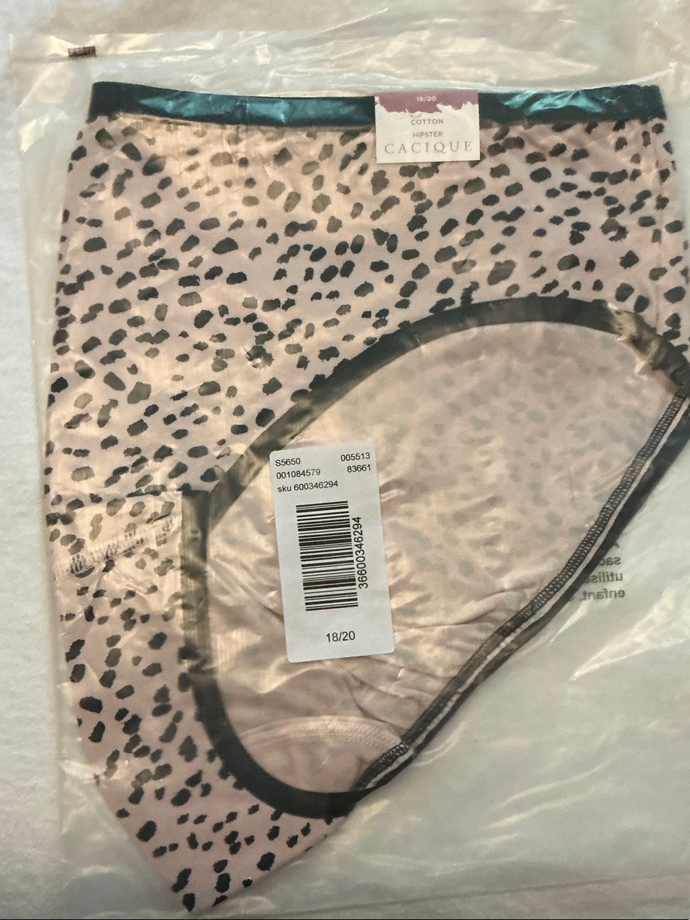 Cacique Pink Leopard Hipster Panty with Teal Satin Waistband